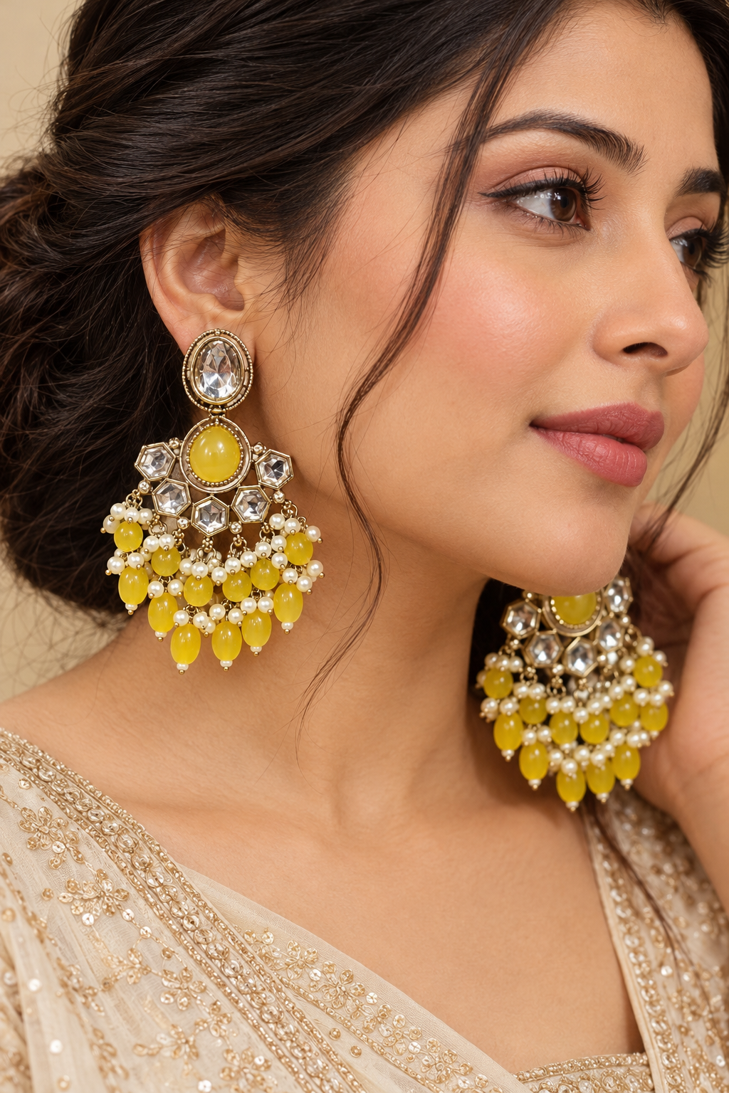 Premium Yellow Beaded Kundan Earrings