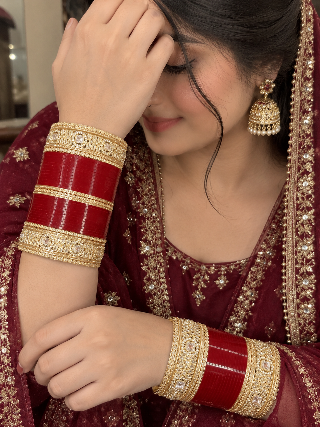 Maroon Chura with Golden stones