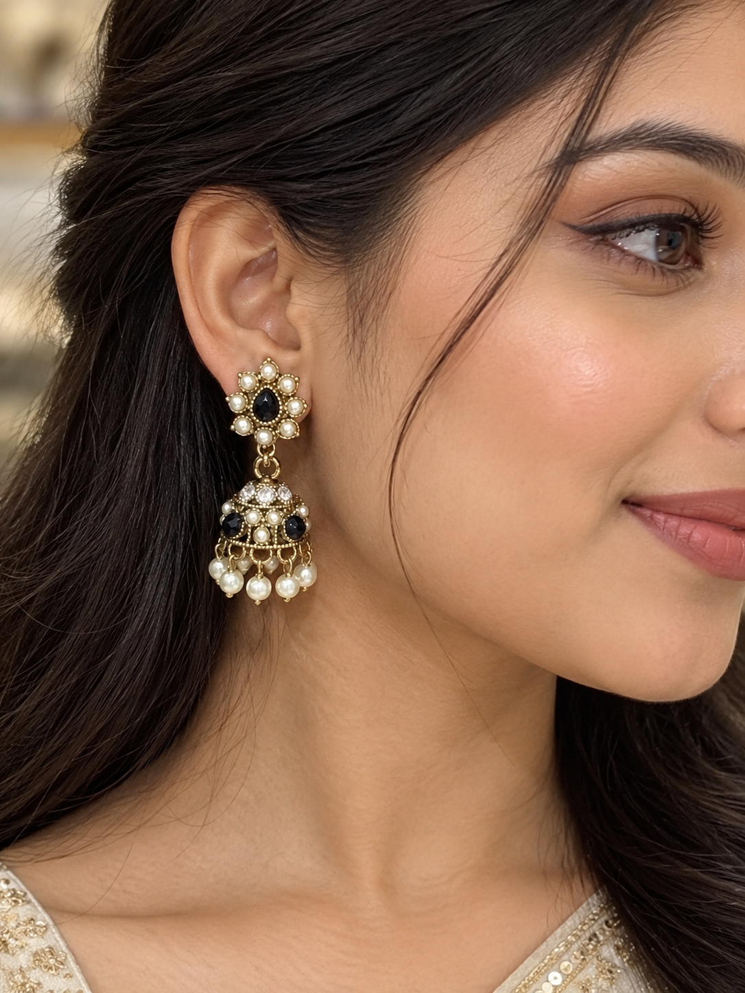 Premium Black Stone Pearl Jumki Earrings - Royal Collection