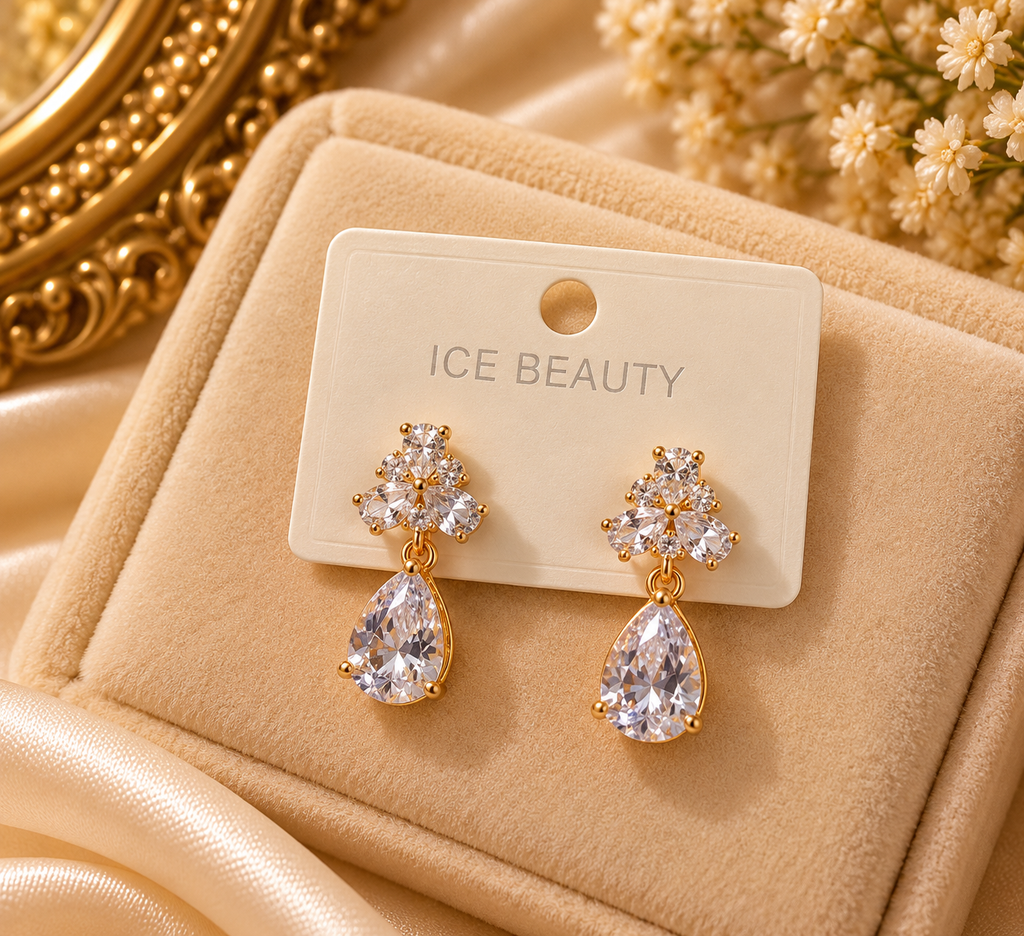 Premium Golden Floral Crystal Drop Earrings