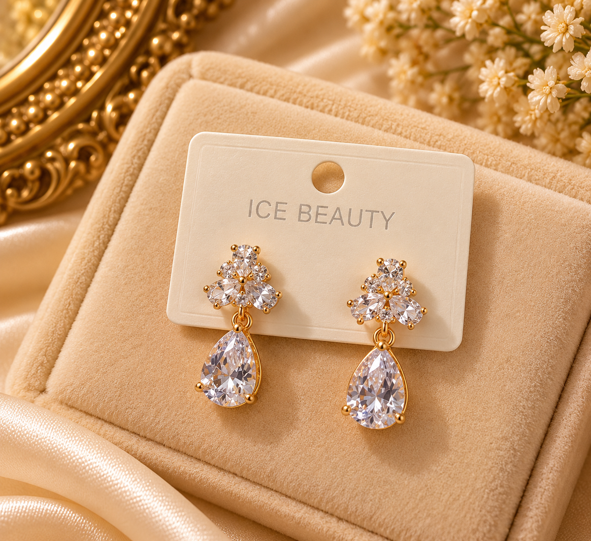 Premium Golden Floral Crystal Drop Earrings