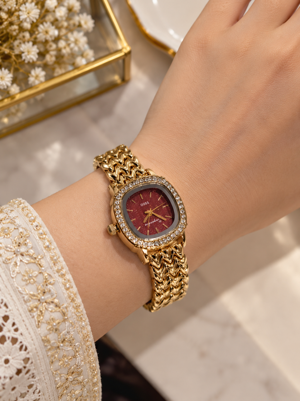 Premium Gold-Colour Maroon Dial Bracelet Watch