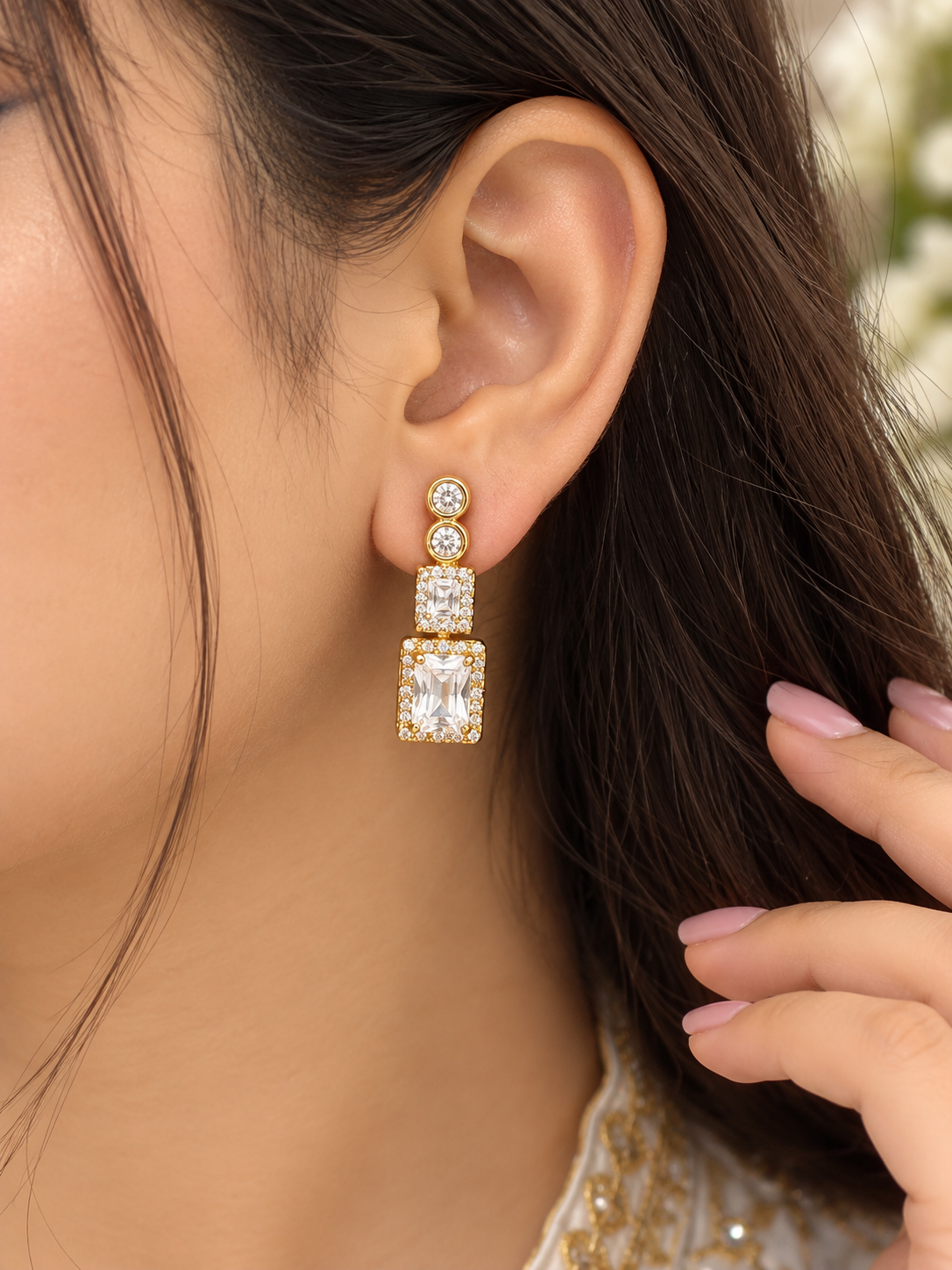 Premium Gold-Colour Geometric Crystal Drop Earrings
